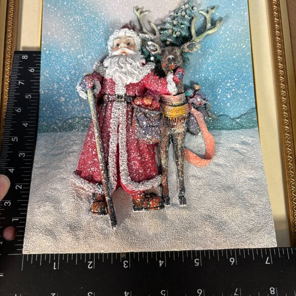 Vintage 3D Santa with Reindeer Framed Christmas Decor Textured Relief Wall Art - Picture 10 of 14